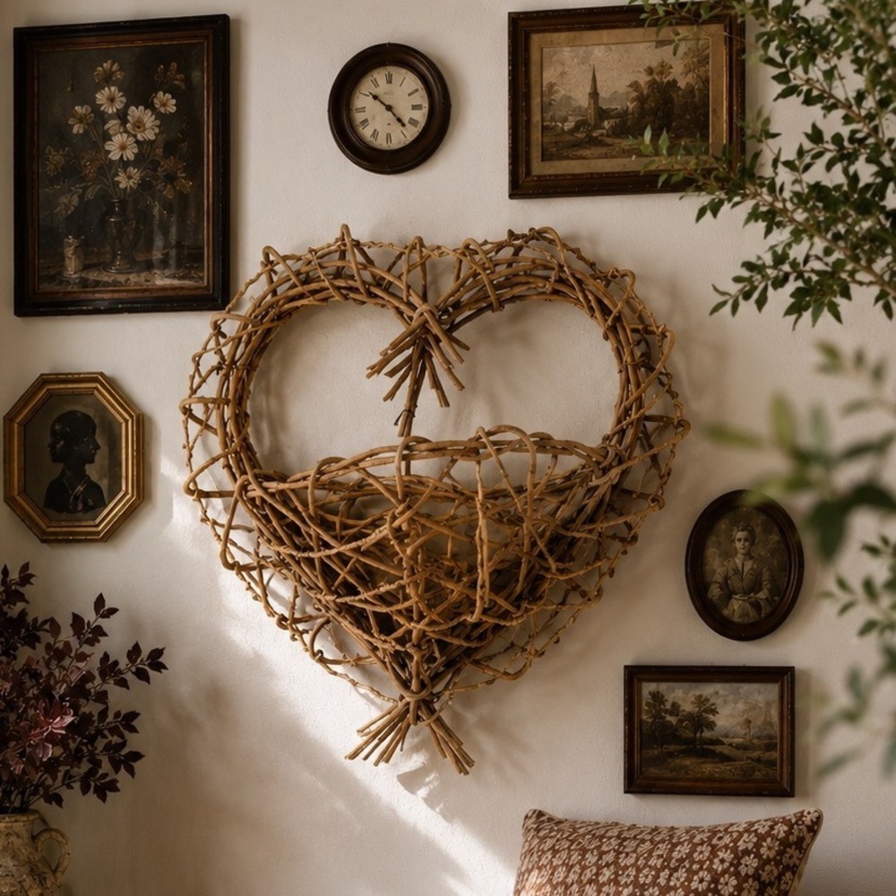 Vintage Heart Shaped Grapevine Wall Basket Rustic Woven Willow Pocket Decor 18in
